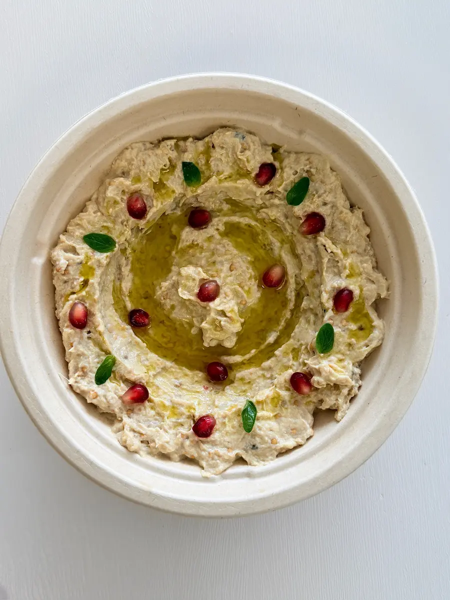 Baba ghanoush, grill-roasted eggplant dip with tahini, at Fil Fil Mediterranean in Homer Glen, IL.