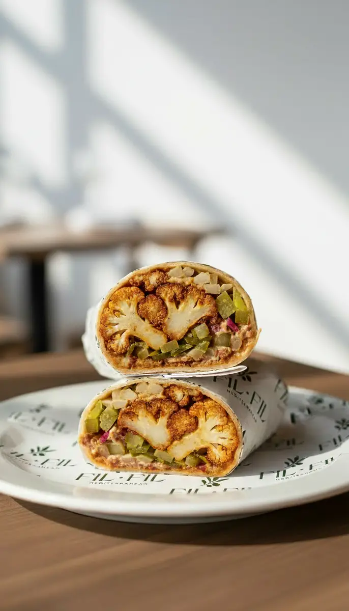 Roasted cauliflower wrap with muhammara and lemon tahini at Fil Fil Mediterranean in Homer Glen, IL.