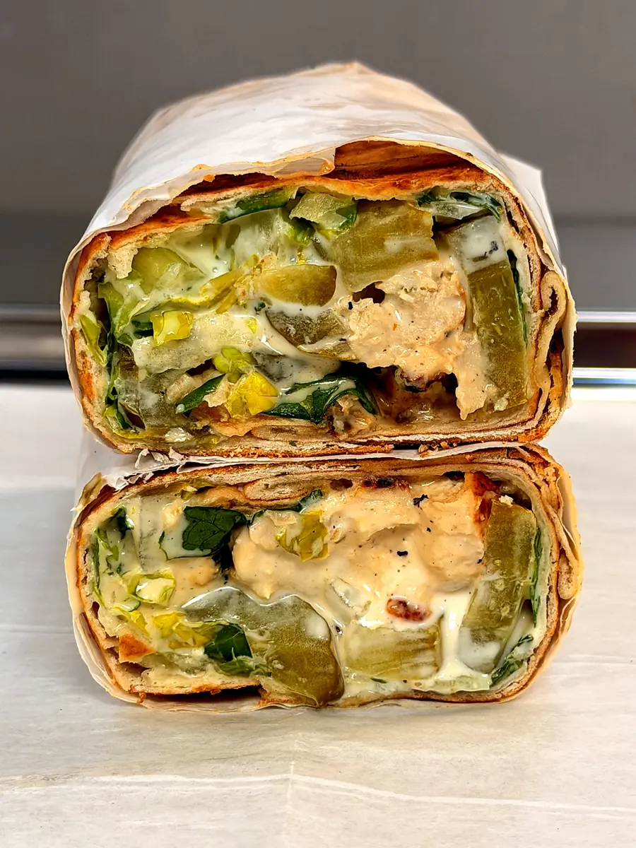 Grilled chicken taouk wrap with garlic cream at Fil Fil Mediterranean in Homer Glen, IL.
