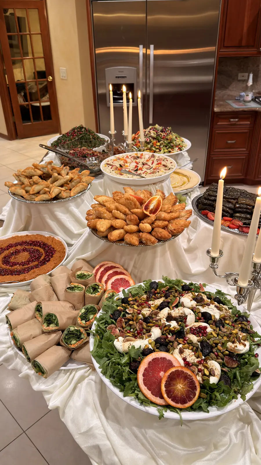 Noosh Catering white-linen buffet with wraps, fritters, hummus and herb salad.