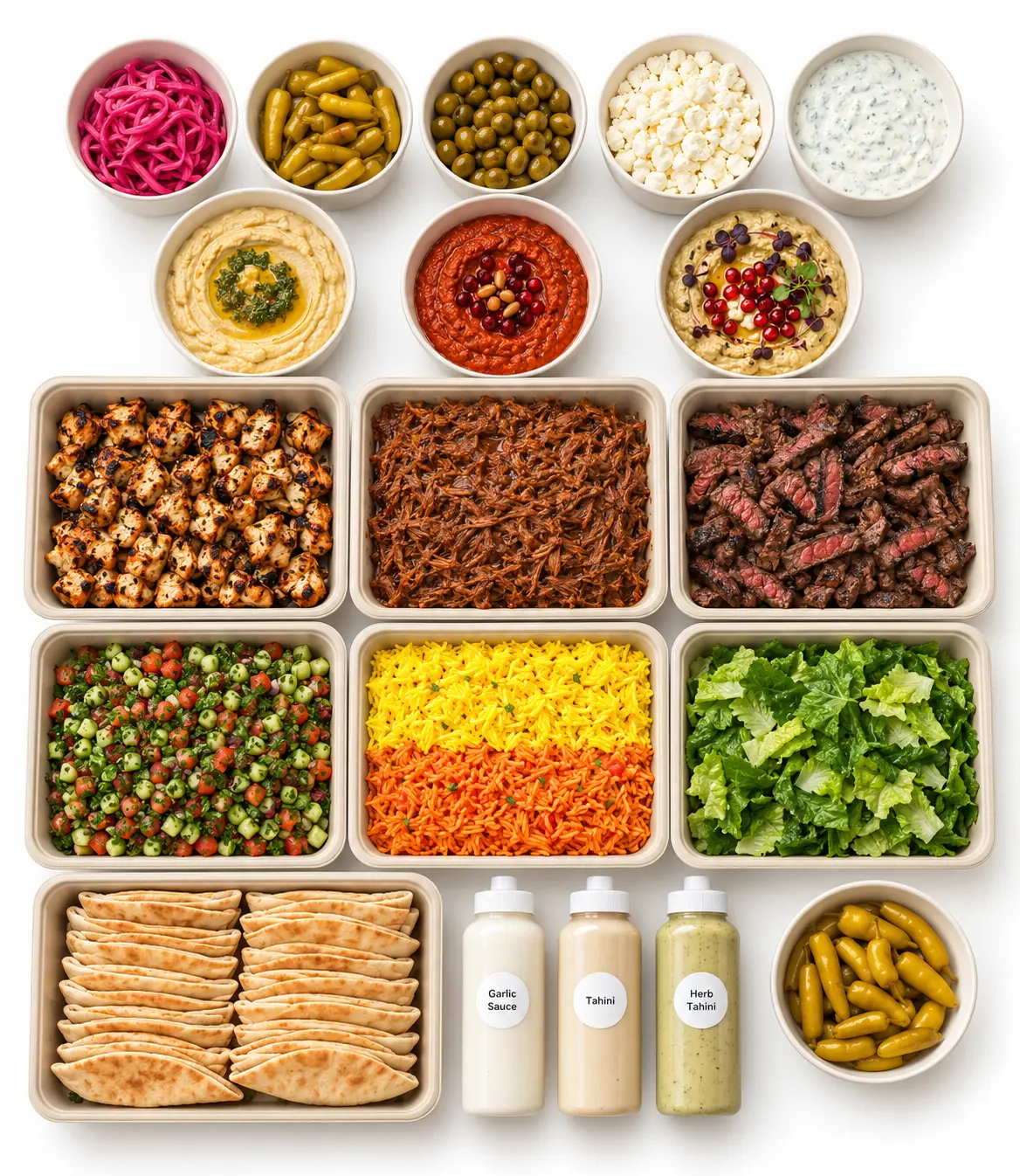 Build Your Own Bowl for Ten catering spread — proteins, rice, salads, dips, sauces and warm pita from Fil Fil Mediterranean in Homer Glen, IL.