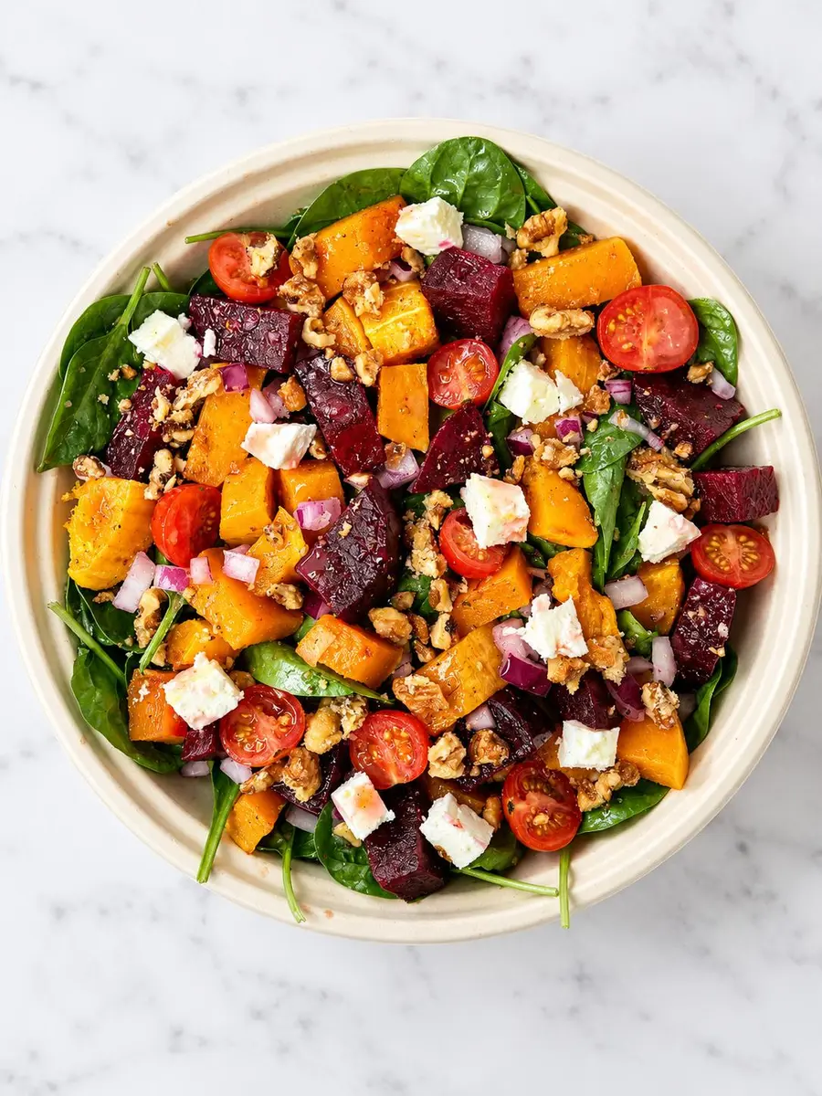 Pumpkin, beetroot and feta salad with walnuts and spinach at Fil Fil Mediterranean in Homer Glen, IL.