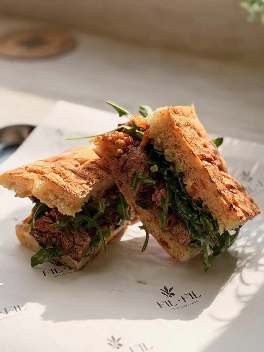 Grilled skirt steak ciabatta with arugula and tahini at Fil Fil Mediterranean in Homer Glen, IL.